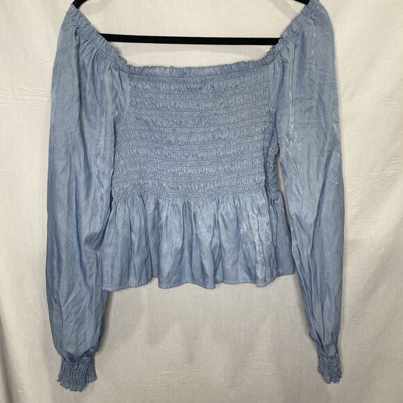 CANDIES Blouse Smocked Long Sleeve Off Shoulder Shimmer Top Womens L Light Blue - Picture 2 of 12